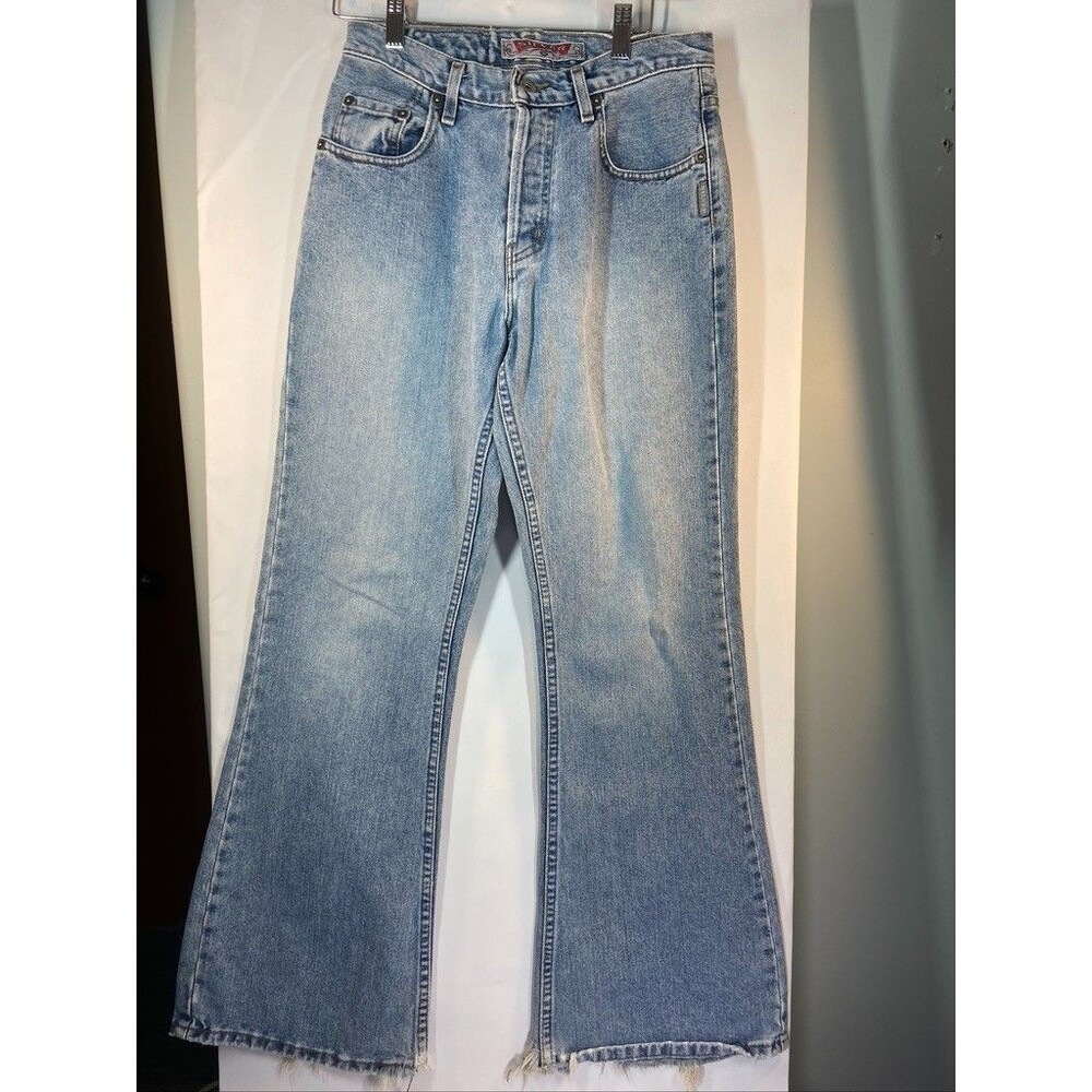 SILVER MENS BLUE JEANS 27 X 30 DESTRESSED FRAYED HEM BOOT CUT